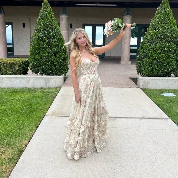 V. Chapman Floral Wedding Dress - Cream and Pink - Picture 2 of 4